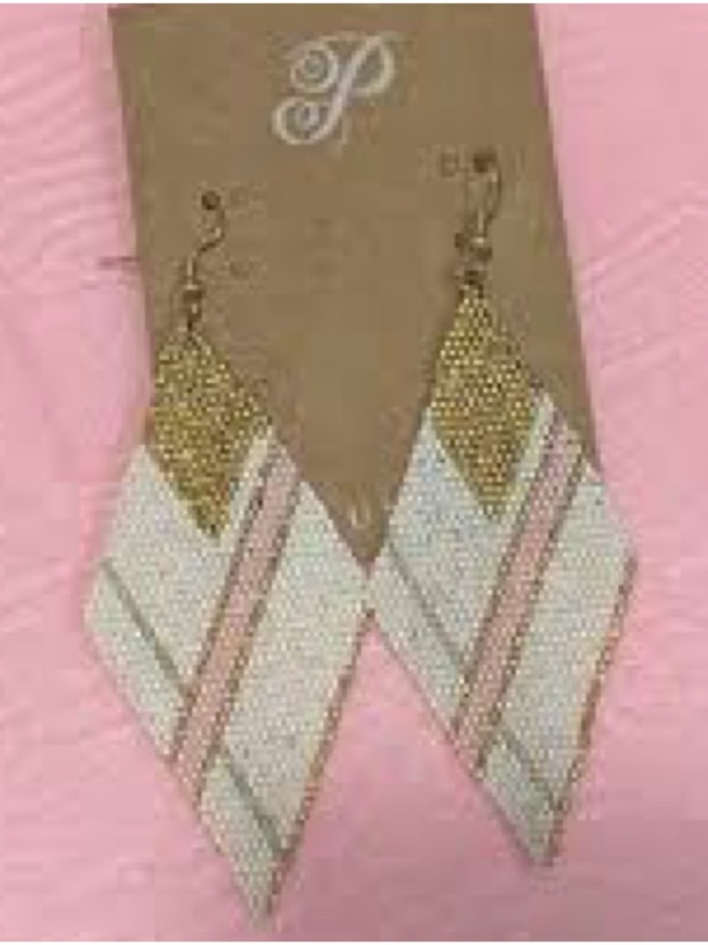 Plunder Gold, White & Pink Beaded Chevron Drop Pierced Earrings woven fabric